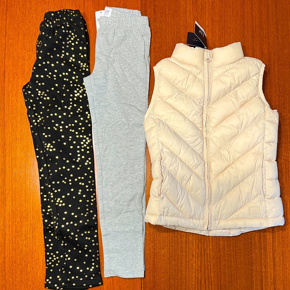 GAP KIDS - NWT Brand New Puffer Vest, Fleece Lined Pants, Gray Leggings - small